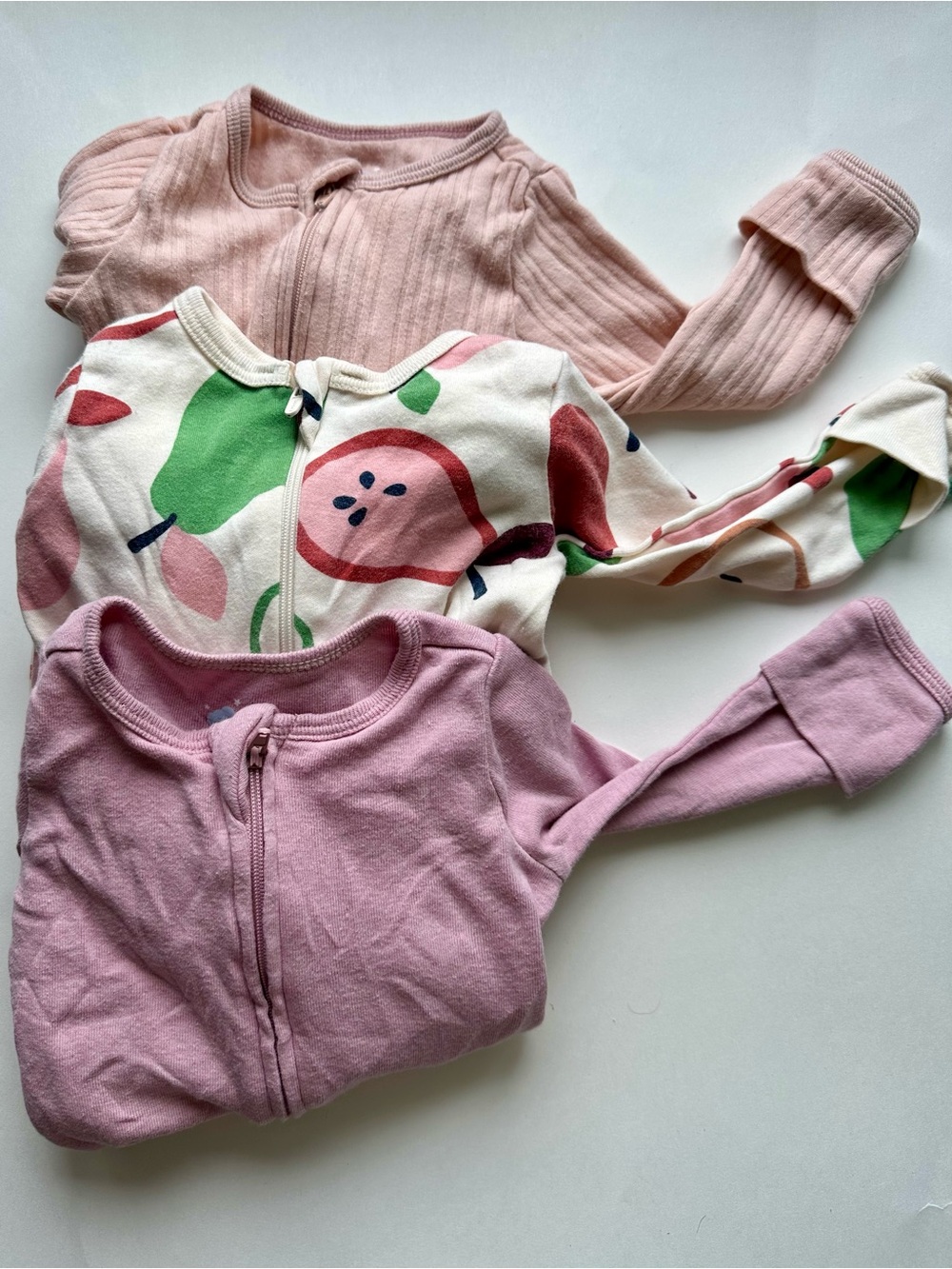 cloud island Pink and Fruit Print Zip One-Piece Sleepers - 3 Pack